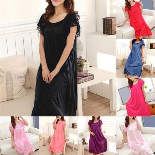 Womens Summer Lace Ice Silk Long Nightdress Short Sleeve Loose Plus Size Nightgown Solid Color Sleepshirt Home Clothes
