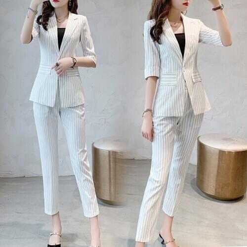 Blazers pants Two-piece Sets Women 2020 Spring Summer Mid-Sleeved Casual Fashion Thin Blazer Striped Suit Trousers Female A1010