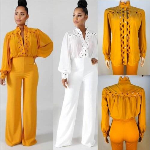 2021 Spring Women Solid Hollow Out Two Piece Sets Ladys Stand Collar Single-breasted Shirts High Waist Straight Pants Outfits