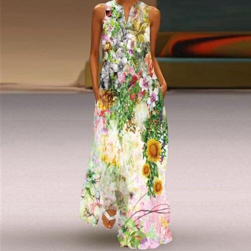 Bohemian Maxi Dresses For Women Floral Print V-neck Boho Long Dress Pocket Sleeveless Summer Party Dresses Robe Longue Femme #35