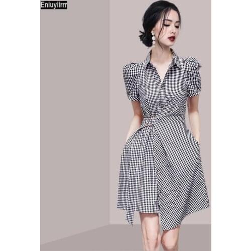 Plaid Shirt Dress Fashion Women Short Sleeve Elegant Office Lady Work Lace-Up Feminine Vestidos