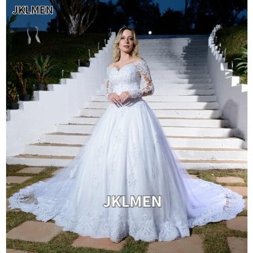 White Lace A Line Bridal Dresses Robe De Mariee Wedding Gowns Luxury Beaded Long Sleeve Wedding Dress 2021 Vestidos De Novia