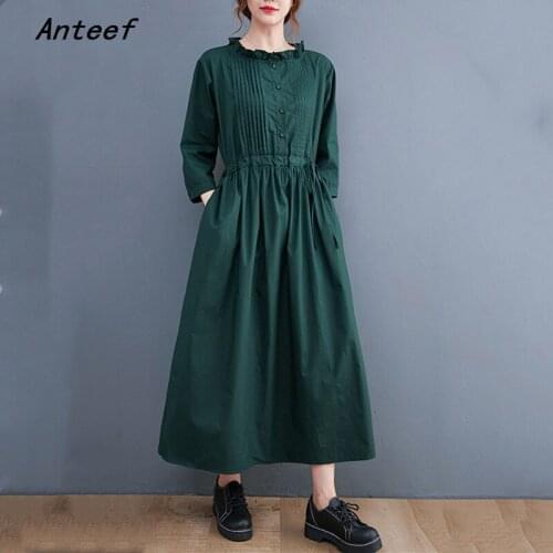 Anteef cotton linen vintage dresses for women casual loose long summer autumn dress elegant clothing 2021