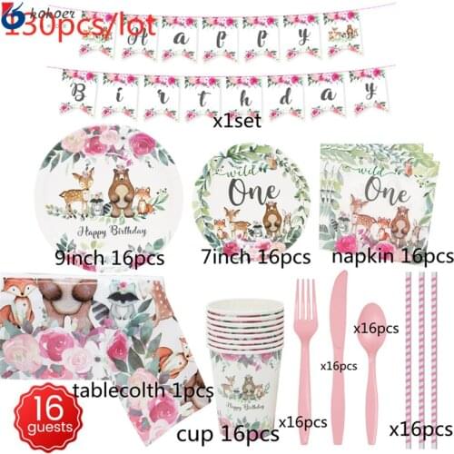 1set Wild one Woodland Animal Jungle Forest party cup banner first Birthday Party Baby Shower Decor Kids Birthday Party Supplies