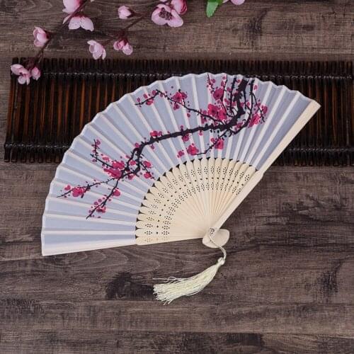 Summer Vintage Chinese Folding Fan Japanese Plum Blossom Tassel Silk Bamboo Hand Held Fan Wedding Party Dancing Decor Gift 10 pc