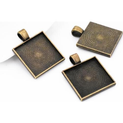 5pcs 20mm Square Inner Size Antique Bronze Plated Square Style Cabochon Base Cameo Setting Charms Pendant-A3-69