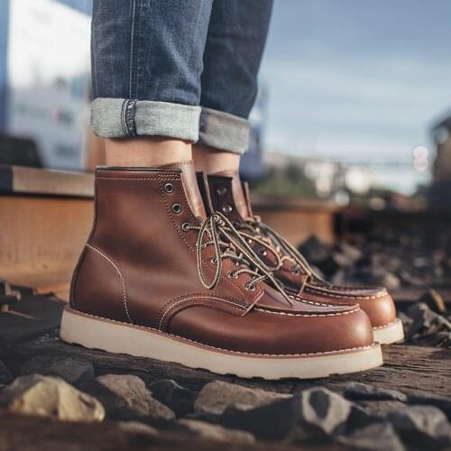 Vintage Men Boots Lace-Up Genuine Leather Boots Wing Men Handmade Work Travel Wedding Ankle Boots Casual Fashion Boots
