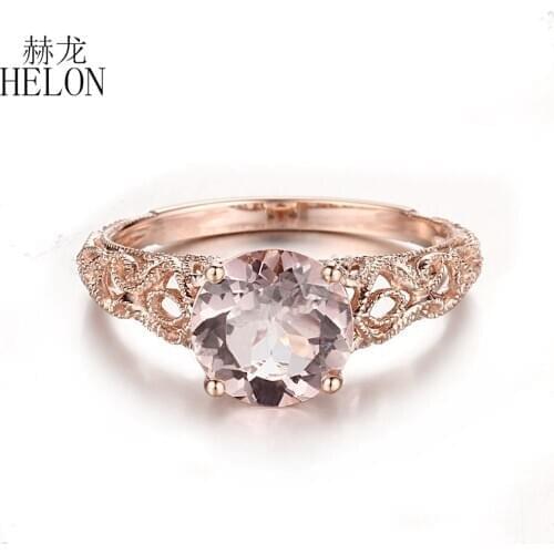 HELON Solid 10K Rose Gold Round 8mm Genuine Natural Morganite Women Vintage Antique Fine Jewelry Engagement Wedding Ring Gift