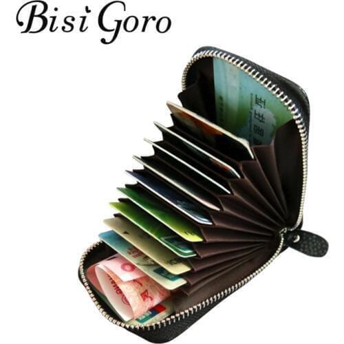 BISI GORO 2019 Unisex Genuine Leather Zipper Credit Card Holder ID And Credit Card Holders 11 Color Blocking Wallets With RFID