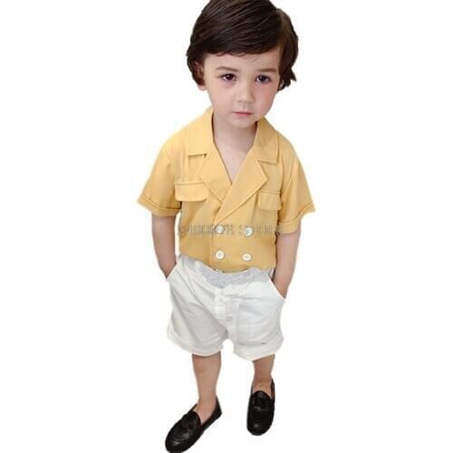 Kids Summer Cool Shirt +White Shorts 2Pcs Clothing Set Flower Boys Formal Birthday Dress School Kids Birthday Gift Dance Suit