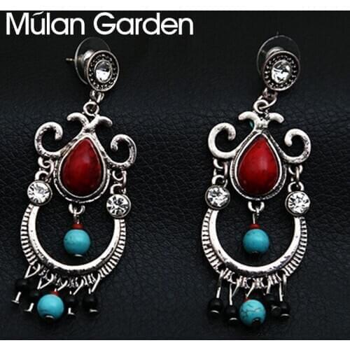 M&G Bohemian Vintage Earrings for Women Red Blue Stone Beads Tassel Pendant Drop Earrings Ethnic Jewelry Accessories Gift