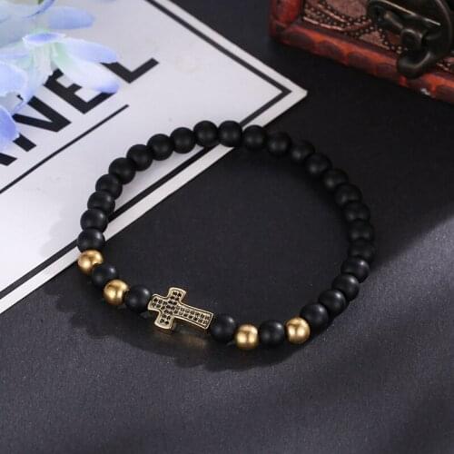 6mm Black Scrub Stone Fashion Beads Bracelets Christian Believer Gift Gold Copper Cross Micro Multicolor Zircon Jewelry Unisex