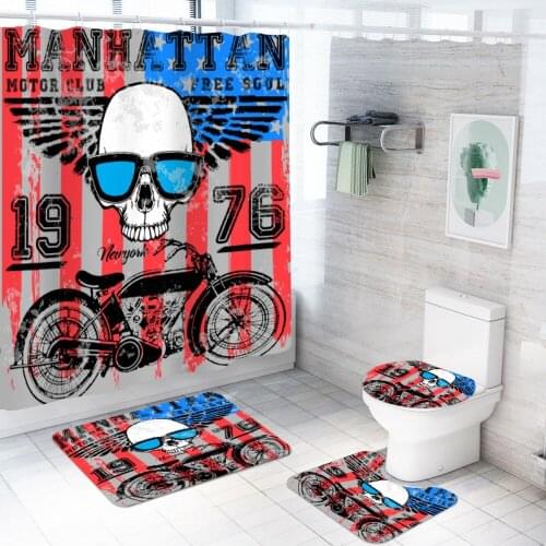 Motorcycle Skull Shower Curtain Sets 4 Pieces Bath Mat Set with Bath Rug Toilet Cover Floor Mat,Waterproof Bathroom Curtains