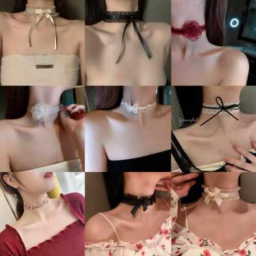 New Lace Collar Bells Clavicle Bowknot Punk Gothic Loli Cute Collar Necklace Geometric Black White Lace Choker Necklace Female