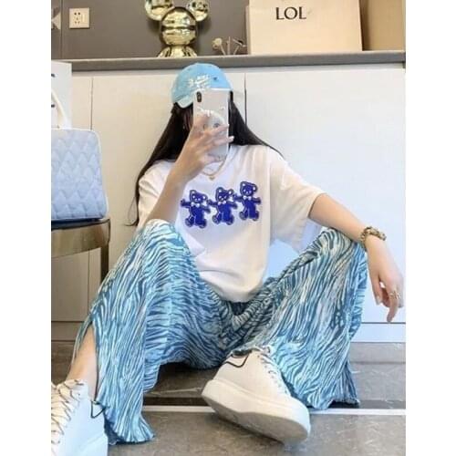 2021 Summer New Product Three Little Bears Cute Print Mid-Length Round Neck Loose Short-Sleeved T-Shirt Women Cotton Top Women