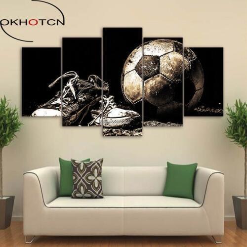 OKHOTCN Framed Wall Modular Pictures For Living Room Decorative 5 Panels Soccer Abstract Photo HD Poster Canvas Oil Painting