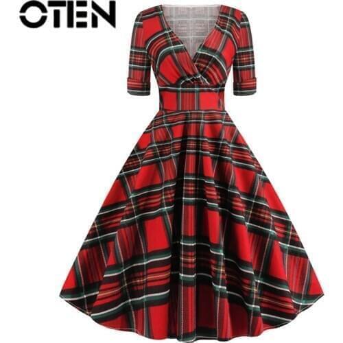 OTEN 2019 Autumn New Plaid Printed V-Neck Women Dresses A-Line Rock Swing High Waist Hepburn Pleat Short Sleeves Patchwork Party