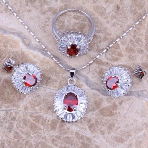 Awesome Red Garnet White CZ Silver Plated Jewelry Sets Earrings Pendant Ring Size 6 / 7 / 8 / 9 / 10 S0119