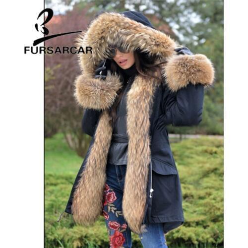 FURSARCAR Luxury New Style Real Fur Coat Women Winter High Street Thick Warm Fur Black Parka With Raccoon Fur Trim Hood And Cuff
