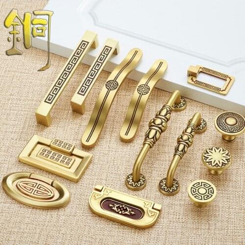 Pure copper cabinet door handle invisible new Chinese wardrobe door brass European cabinet light luxury drawer hardware
