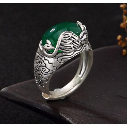 Silver, S990, pure silver, Phoenix, jade, pomegranate, red corundum, sterling silver, high-end ladies' rings wholesale