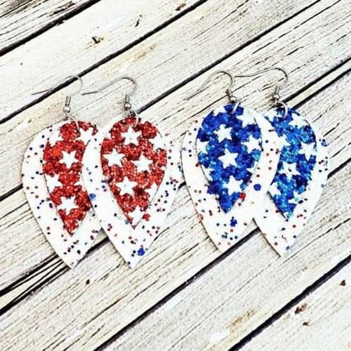 4th of July Patriotic Stars and Stripes Earrings Red White and Blue Glitter Earrings USA Leather Earrings American