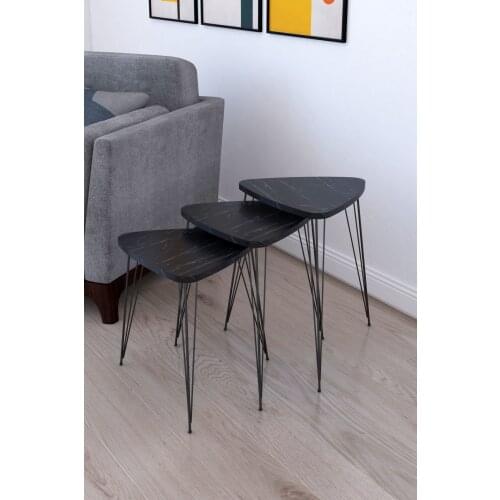 Modern RemaksElit 3'lü Triangle Zigon Coffee table and Serving Stand-Black marble coffe table table bassee