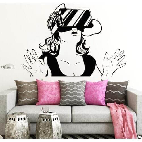 Virtual Reality Vinyl Wall Decal Stickers decoration waterproof Removable Decal VR Headset Gamer Girl Woman Decals Mural HY1300