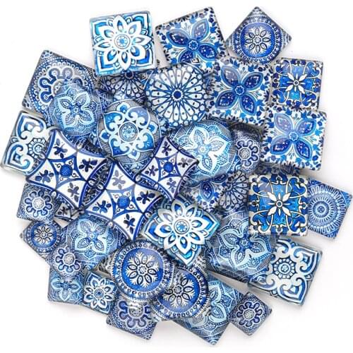 Xinyao 20pcs/lot 10pcs/lot 15mm/20mm/25mm/30mm Blue and White Mixed Pattern Glass Square Cabochon for DIY Jewelry Findings