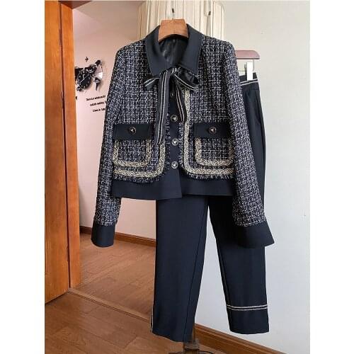 2020FW High Quality Women Luxury Bow Tweed Jacket Coat +Casual Pants Female Trouse Suits 2 Piece Sets