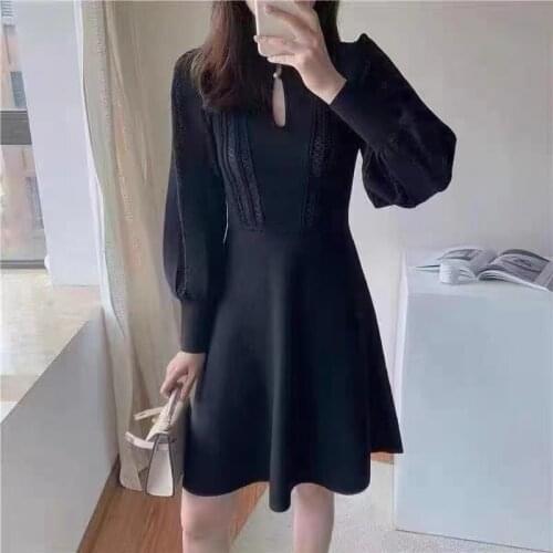 Womens black slim knit dress with puff sleeves French brand casual elegant party dress for women