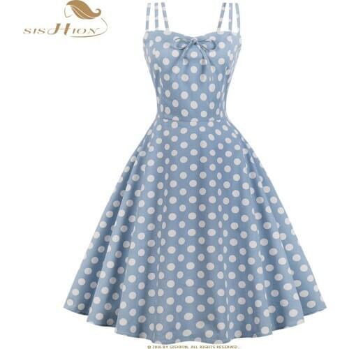 SISHION Plus Size 1960s Vintage Dress VD0720 Ladies Sexy Summer Cotton Swing Yellow Blue Women Polka Dot Dress