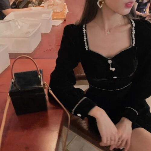 2021 Autumn Vintage Velvet Black Midi Dress Women Casual Long Sleeve Elegant Evening Party Dress Female One Piece Dress Korean