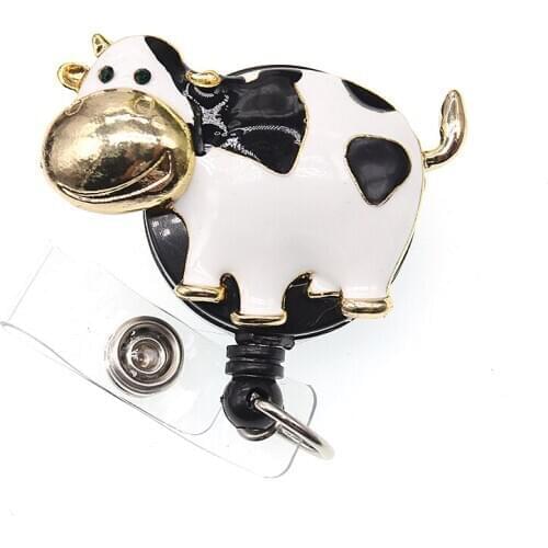 10pcs/lot Cute Design Enamel Milk Cow Retractable ID Pull Badge Reel Cow Animal Holder With Clip