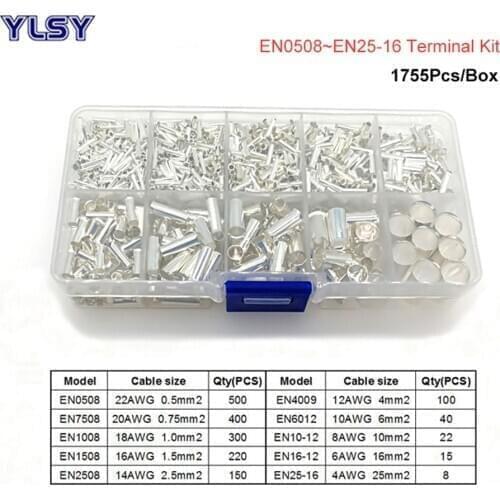 1755Pcs Copper Tube Naked Cord End Crimp Terminals Bared Electrical Wire Cable Connector EN0508~EN25-16 Ferrules Kit 22-4AWG