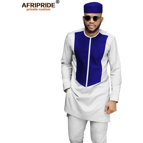 2019 African Men Traditional Clothing Set Dashiki Coat Shirt and Ankara Pants and Tribal Hat Attire Tracksuit AFRIPRIDE A1916033