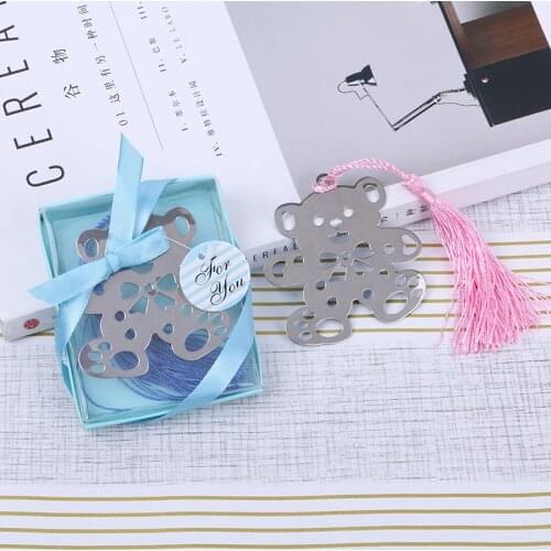 50pcs Cute bear Design Wedding Bookmark Favors With Tassel And Gift Box Baby Shower Souvenirs student creative bear bookmark