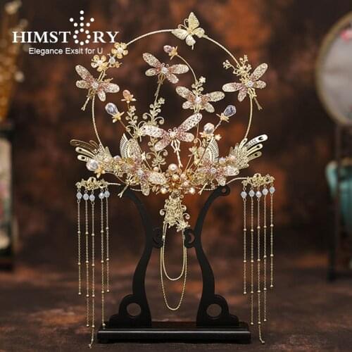 HIMSTORY 2021 Newest Chinese Bridal Hand Bouquets Fans Handmade Butterfly Flowers Wedding Hand Holder Jewelry Accessories