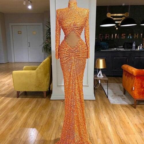 Glitter Orange Prom Dresses Sexy High Collar Full Sleeve Mermaid Evening Dress Vintage Illusion Beading Formal Party Gowns