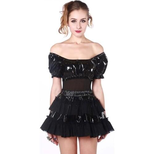 Plus Size S-XXL Black PVC Dresses Latex Sexy Punk Gothic T-shirt Exotic PU Leather Gauze Patchwork Tops PVC Mesh Suit Clubwear