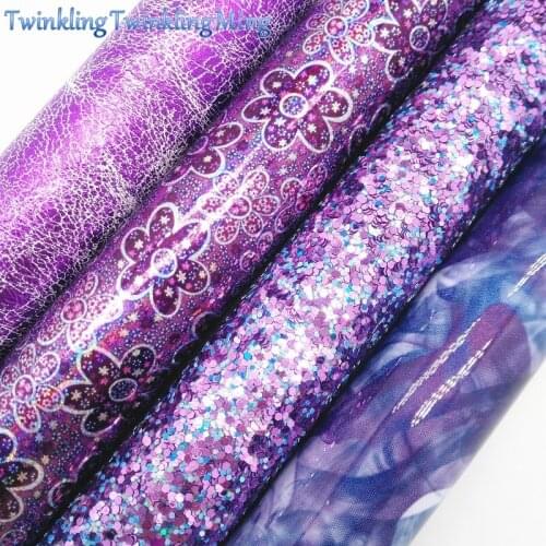 Purple Glitter Fabric, Flowers Printed Faux Leather Fabric, Synthetic Leather Sheets For Bow A4 8"x11" Twinkling Ming XM258