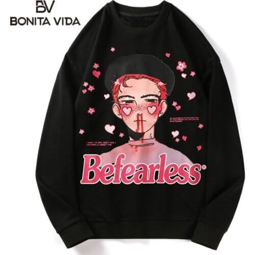 Bonita Vida Harajuku Japanese Cartoon Anime Boy Print Hoodies Streetwear Hip Hop Fashion Casual Cotton Sweatshirt