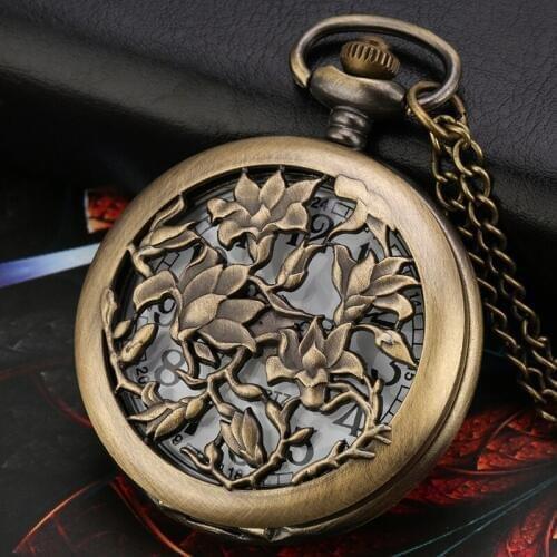 Bronze Hollow Flowers Floral Rattan Pocket Watch Analog Quartz Necklace Pendant Retro Sweater Chain Christmas Gift for Men Women