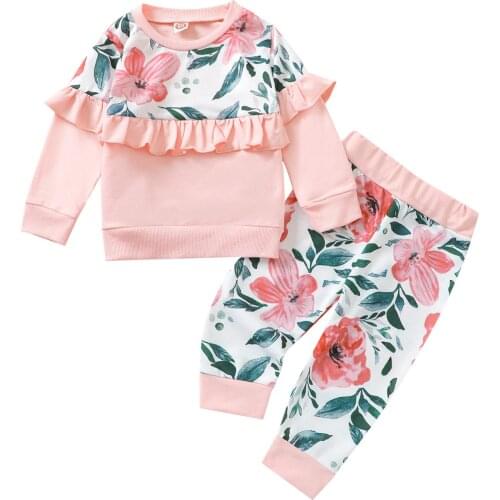 Pudcoco 2Pcs Little Girls Outfit Toddlers Sweet Floral Printing Lace Splicing Long Sleeve Round Collar Tops + Long Pants Set