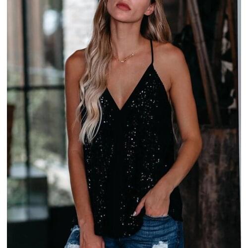 Women Tank Top Sexy V Neck Sleeveless Sequins Adjustable Straps Camisole Loose For Women Vest Tank Tops Clothes