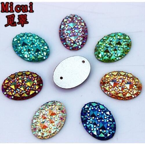 Micui 100PCS 13*18mm Sew on 2 Hole Mix AB Color Resin Oval Flatback Stone DIY Wedding Decoration ZZ332