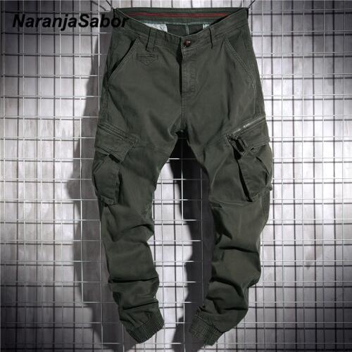 NaranjaSabor Mens Tooling Style Pants 2020 Spring High Quality Washed Cotton Multi Pockets Trousers Male Brand Clothing N645
