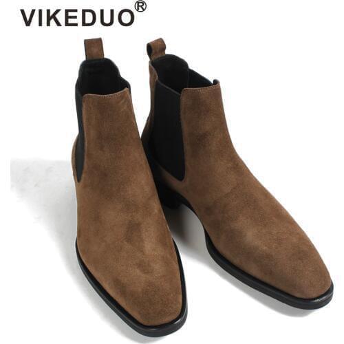 VIKEDUO 2020 Classic Chelsea Boots Men Handmade Suede Ankle Boots Male Bespoke Autumn Square Toe Mens Shoe Wedding Office Botas