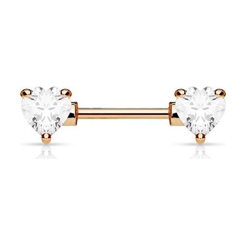Nipple Ring Heart Rose Gold Double Front Facing Heart CZ Prong set 316L Surgical Steel Nipple Bar