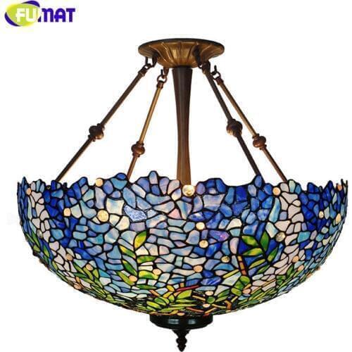 FUMAT Tiffany Pendant Lamps Blue Wistera Stained Glass Shade Hanglamp Home Art Deco LED E27 Suspension Lighting Fixture Lamp